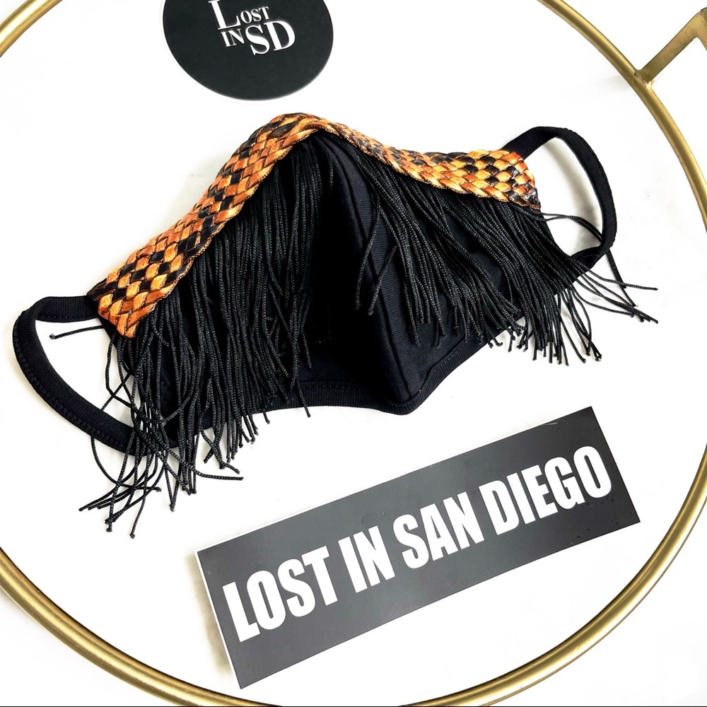 Black Fringe Mask with Snakeskin Print